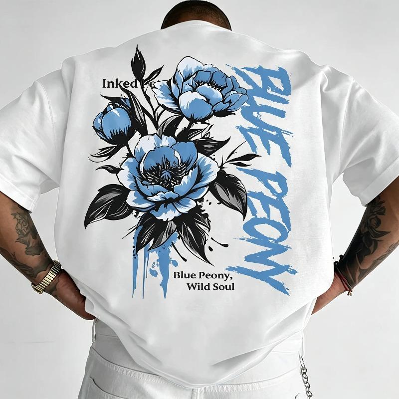 [Men's T-Shirt] New Men's T-Shirt, American Street Style Blue Peony Print T-Shirt
