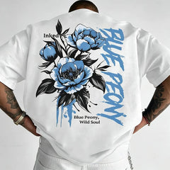 [Men's T-Shirt] New Men's T-Shirt, American Street Style Blue Peony Print T-Shirt