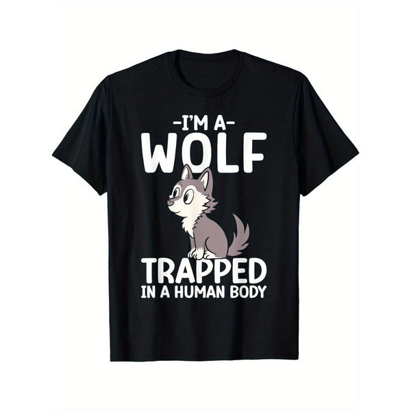 Funny "I'm a Wolf Trapped in a Human Body" Graphic T-Shirt - Casual Short Sleeve Round Neck Tee with Cartoon Wolf Design, Soft Breathable Fabric, Machine Washable, Black