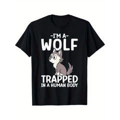 Funny "I'm a Wolf Trapped in a Human Body" Graphic T-Shirt - Casual Short Sleeve Round Neck Tee with Cartoon Wolf Design, Soft Breathable Fabric, Machine Washable, Black
