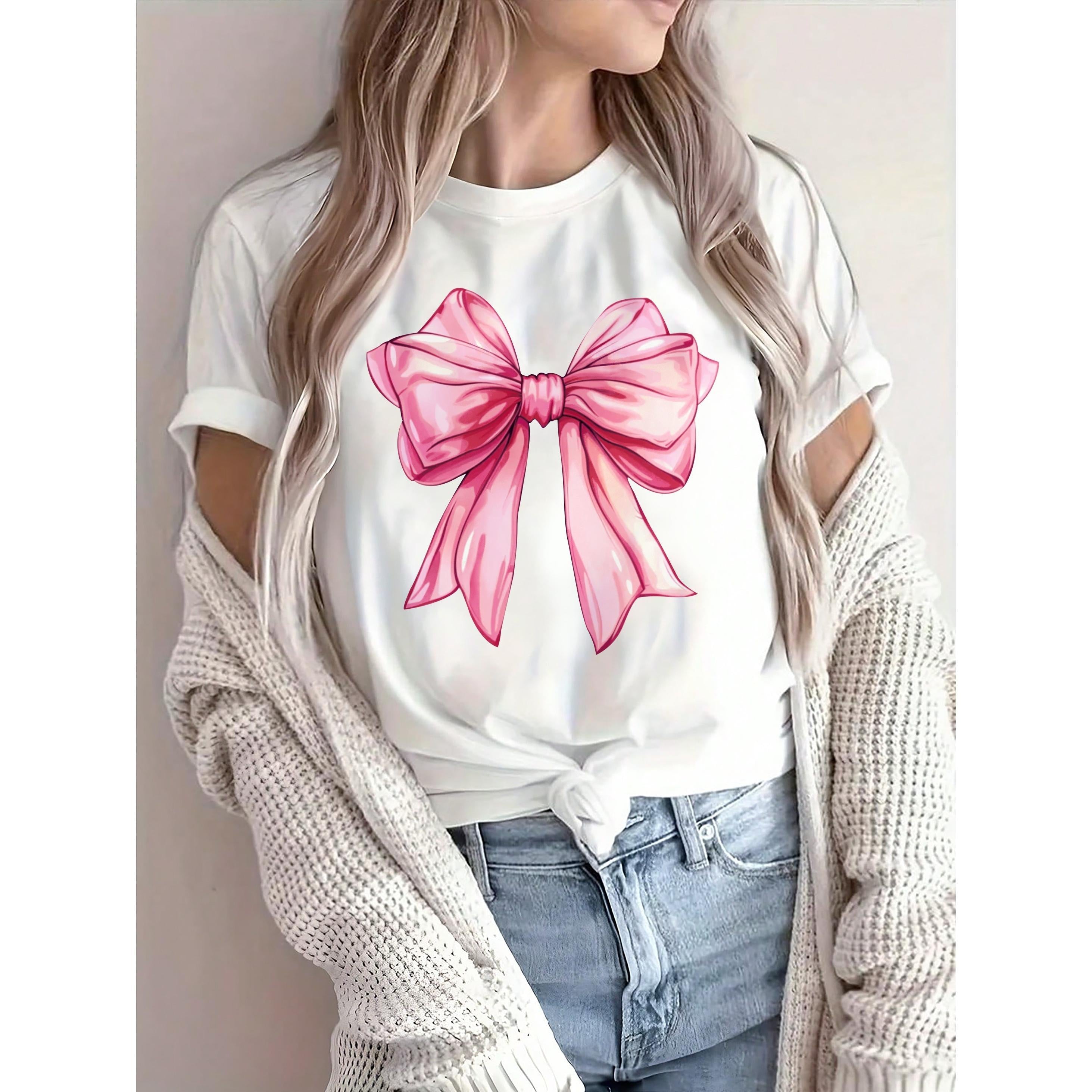 Women's Casual Short Sleeve T-Shirt with Elegant Pink Bow Graphic Print - Breathable Round Neck Top