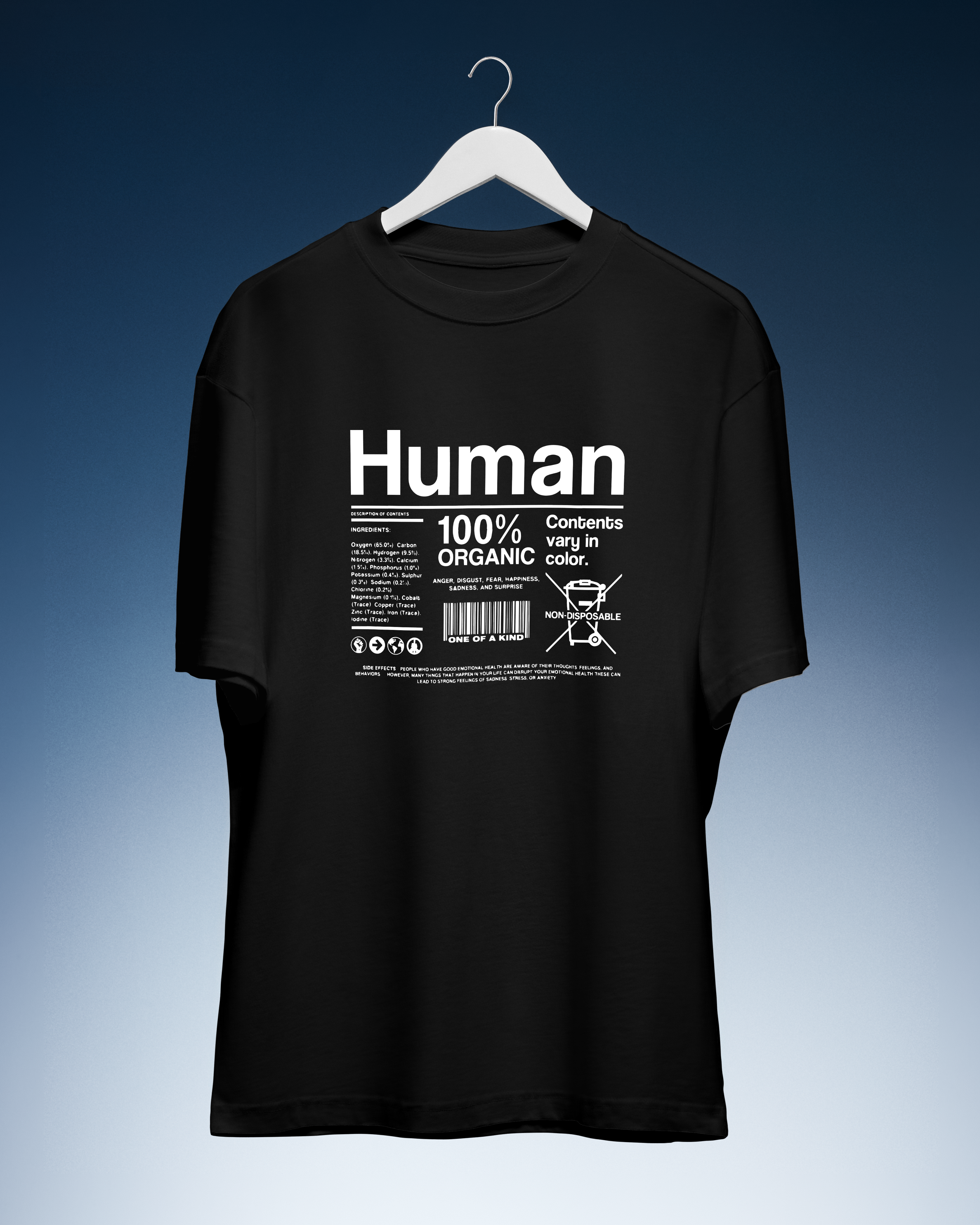 DIYANYONE Original "Human 100% Organic" Cotton T-Shirt - Sarcastic Product Label Tee, Existential Humor Style