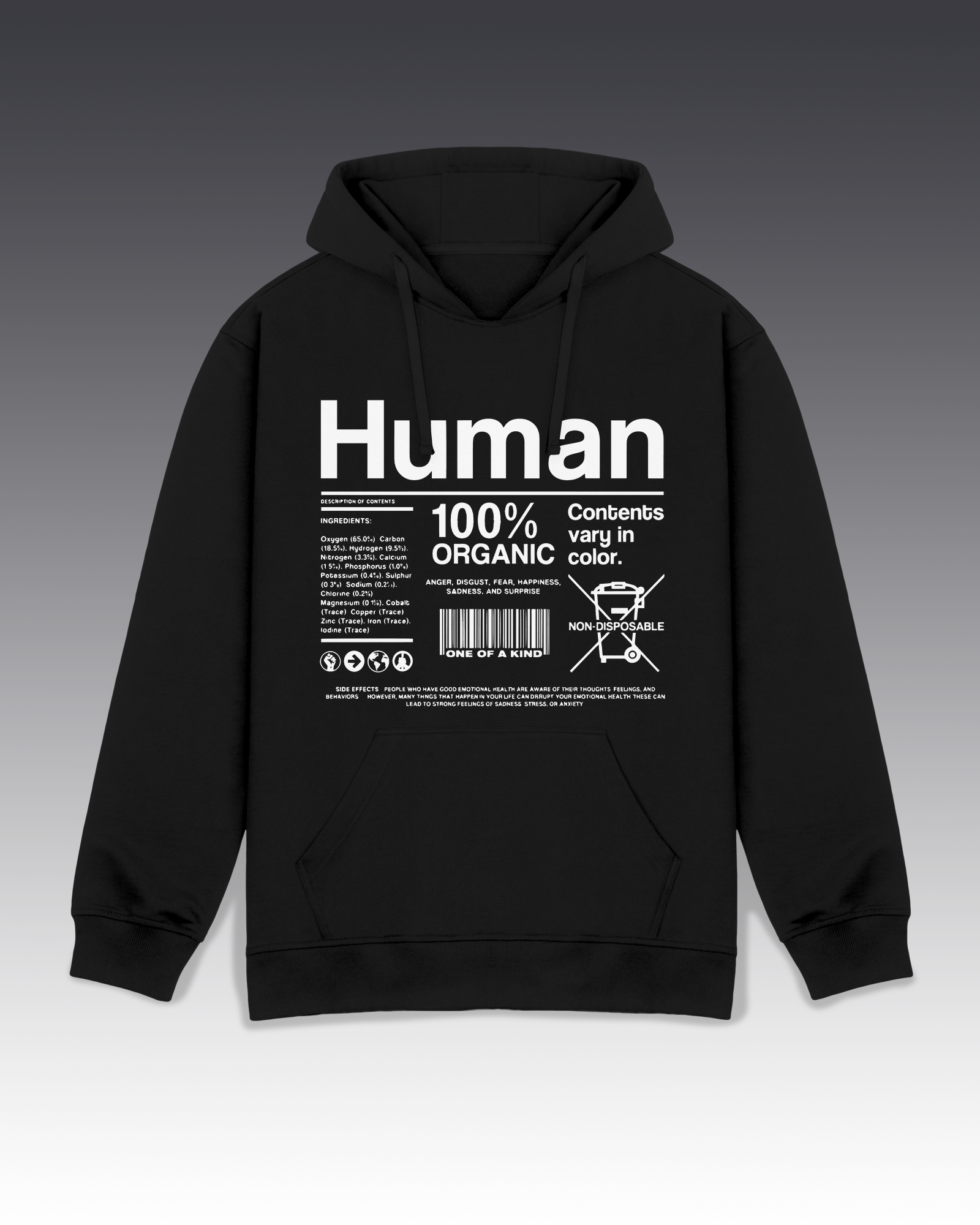 DIYANYONE Original "Human 100% Organic" Hoodie - Heavyweight Cotton Blend Pullover, Sarcastic Product Label Hoodies