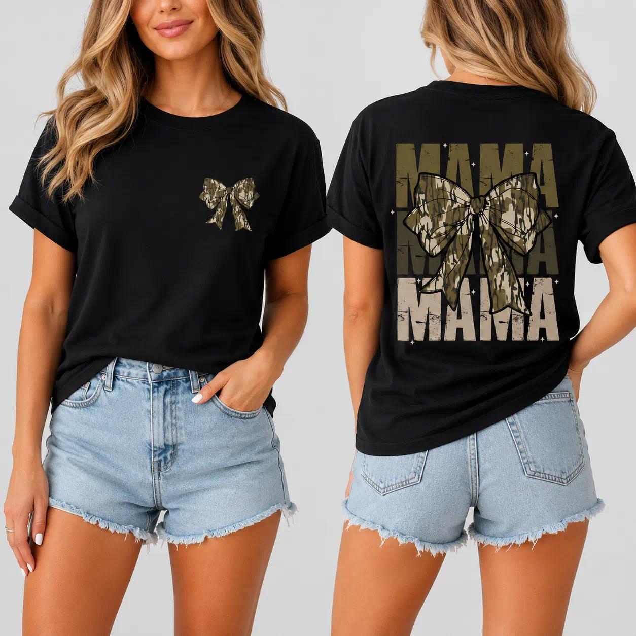 Mama Camo Coquette Bow Shirt, Old School Camo Shirt, Girls Camo Bow Tee, Retro Hunting, Coquette Bow, Camo Dude, Graphic T-shirt ,Gift For Women, Gif For Mom