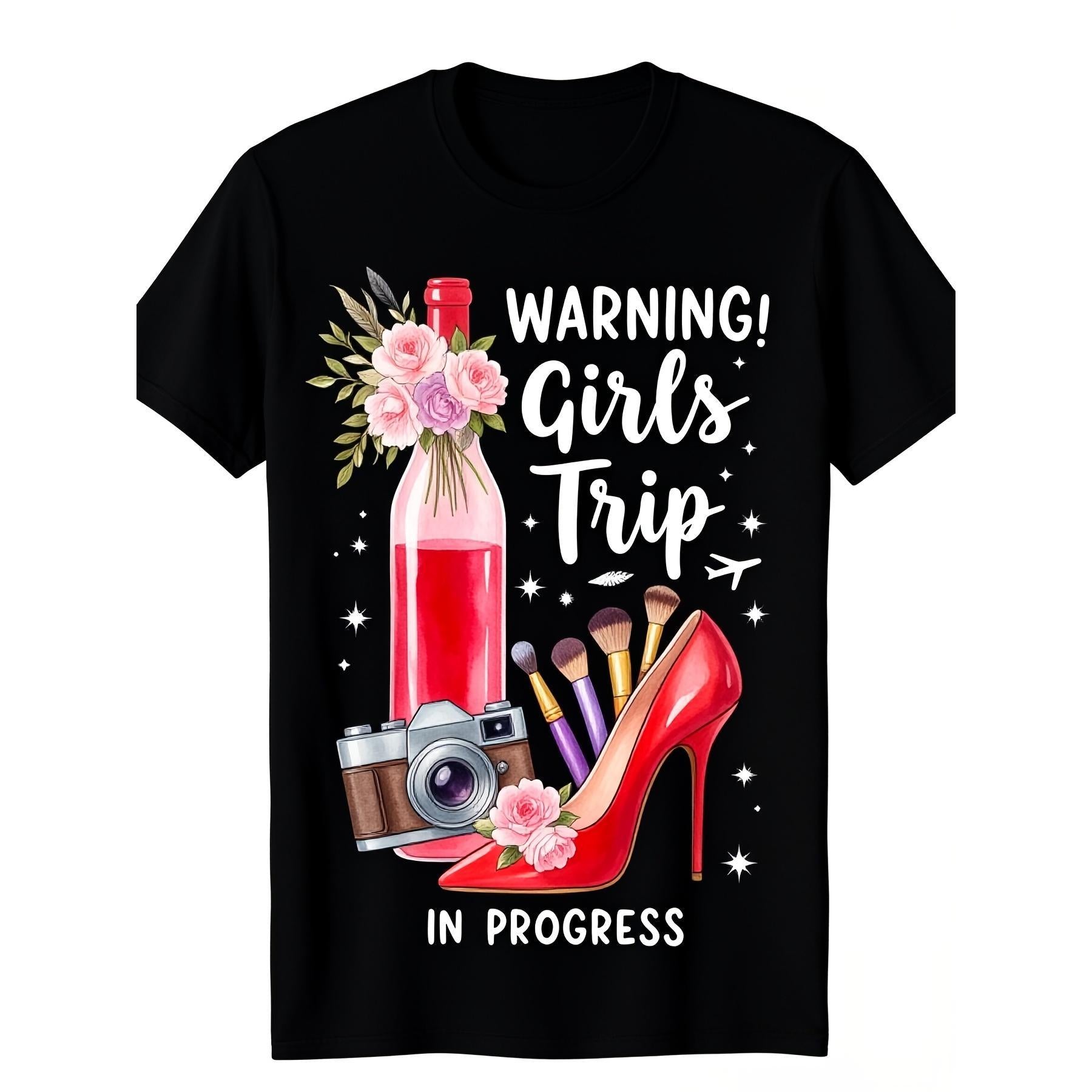 Retro Floral Wine Camera Girls Trip Graphic Tee, All Season Short Sleeve Shirt, Fun Vacation Gift, Casual Top for Bachelorette Party and Women Travel Group