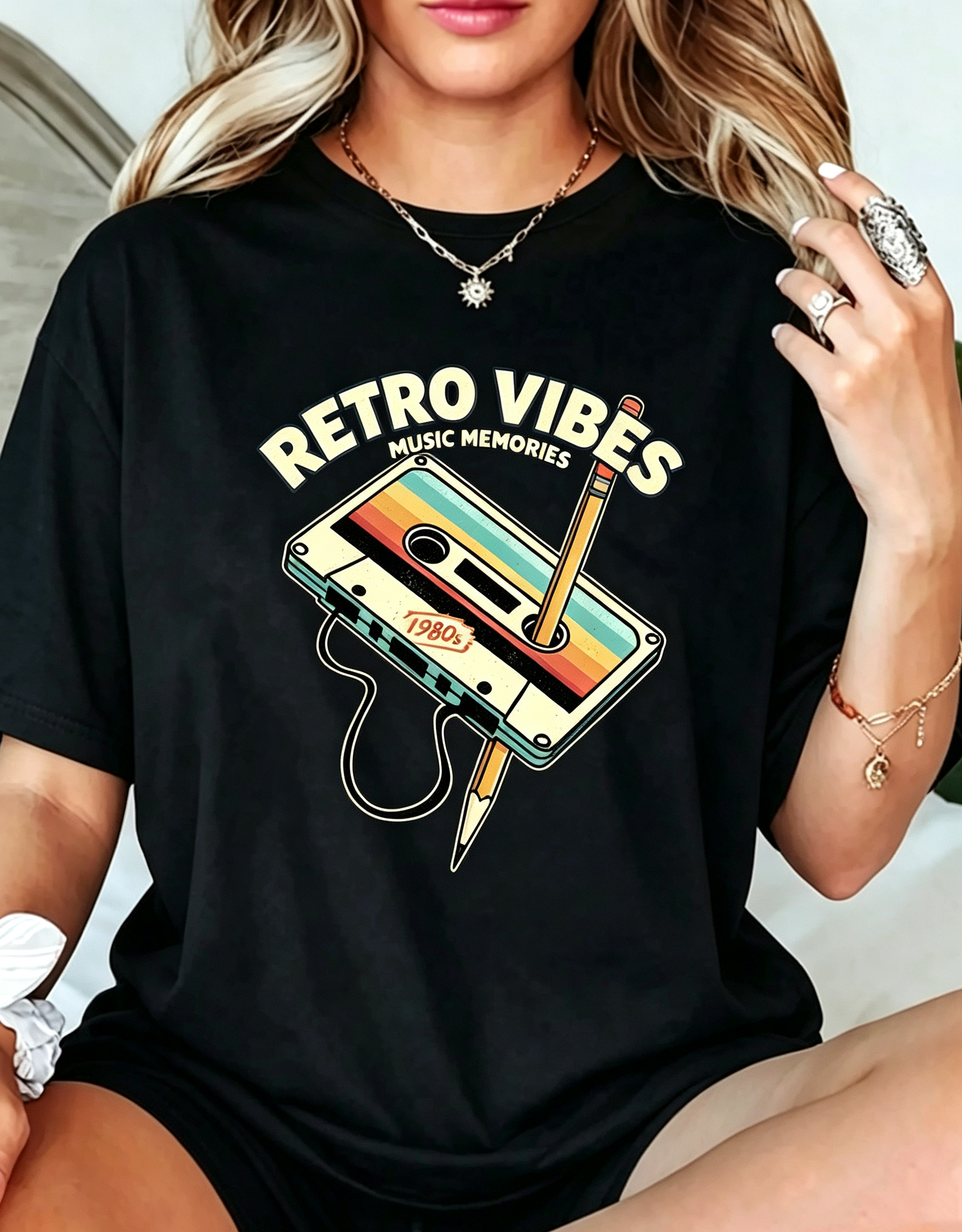 Women's Retro 80s Nostalgia Graphic T‑Shirt, Cassette Tape & Pencil Print with Retro Cassette 80s Music Good Vibes Slogan, Crew Neck Loose Fit Short Sleeve Casual Summer Tee