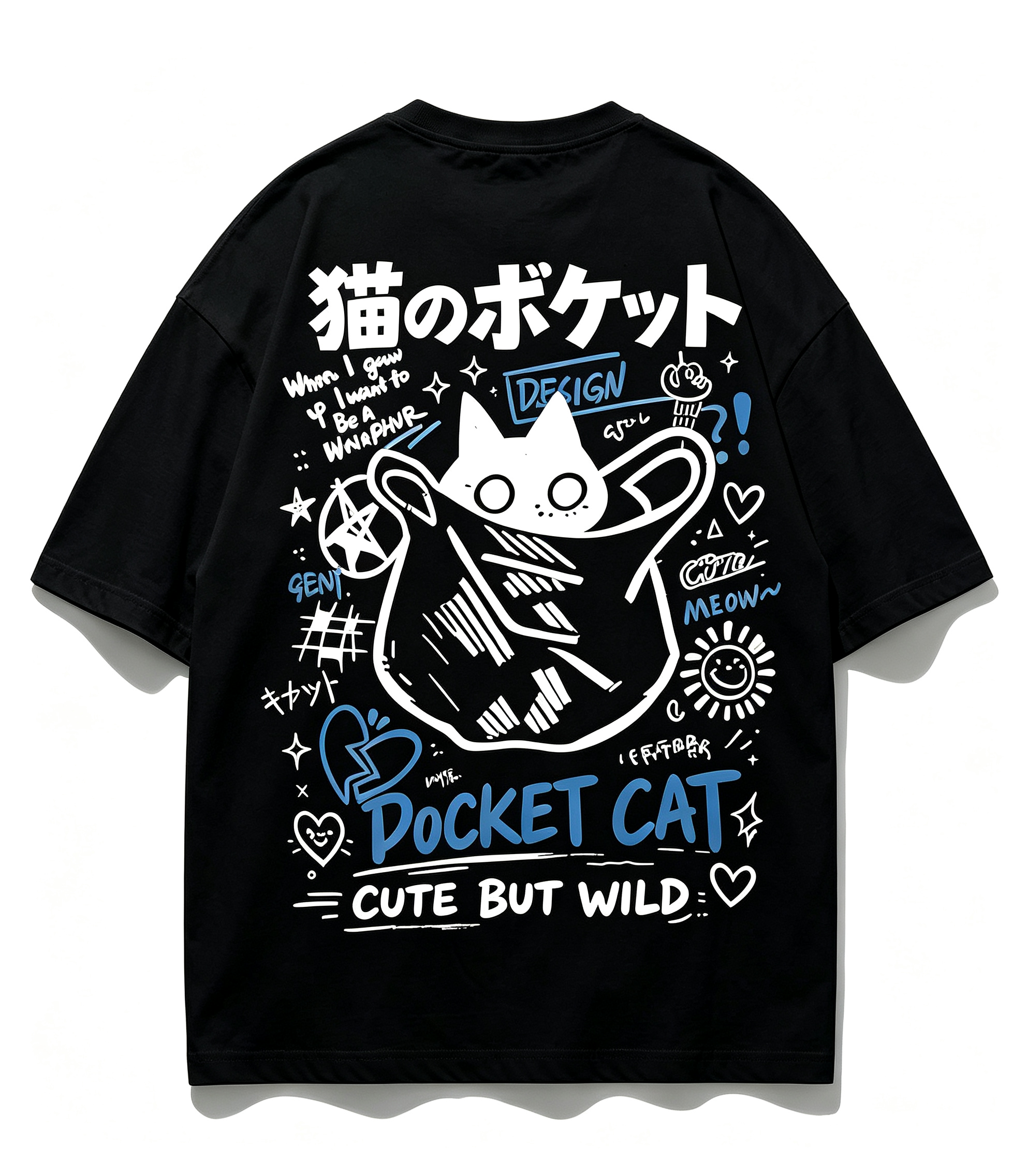 Unisex Pocket Cat Graphic T‑Shirt, Cute But Wild Street Doodle Back Print, Japanese Style Casual Crew Neck Short Sleeve Tee for Men Women