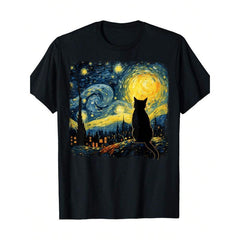 Funny Vintage Graphic Cat Starry Night Van Gogh For Lover Mom Dad T-ShirtCouple Clothing 2025Family T-Shirt