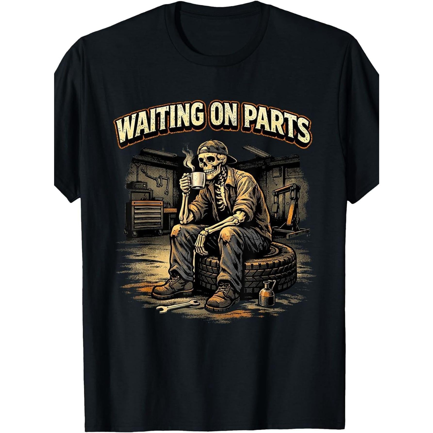 Funny Mechanic T-Shirt for Men, "Waiting on Parts" Graphic Print Cotton Round Neck Tee for Casual Sports & Travel, Natural, Shortsleeve