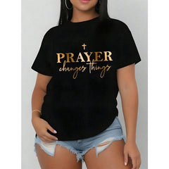 Men's Prayer T-Shirt/Golden "Prayer Changes Things" Verse Design Short Sleeve Crew Neck Top/Faith Apparel Gift for Church, Casual Attire & Religious Events