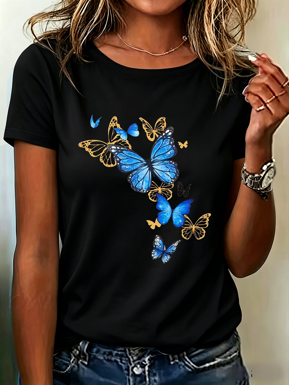 Women's Blue Butterfly Graphic T-Shirt, Casual Crew Neck Short Sleeve Tee, Vintage Butterfly Print Summer Top, Soft Breathable Everyday Fashion Shirt