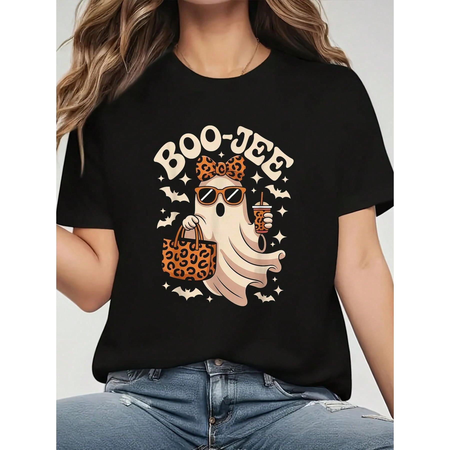 Coquette Leopard Boo-JEE Halloween Boujee Ghost T-Shirt Graphic Tee 100% Cotton Soft And Comfortable Perfect For Daily Casual Wear