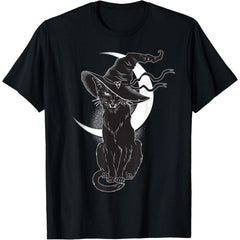 Vintage Halloween Black Cat Costume Witch Hat & Moon T-Shirt