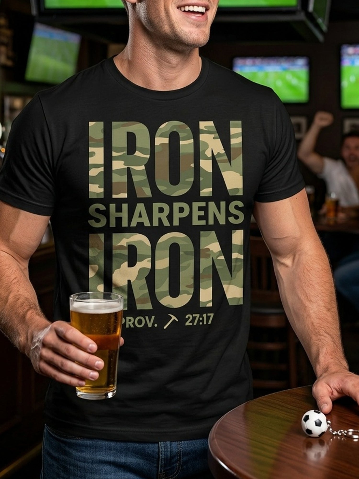 Iron Sharpens Iron Proverbs 27 17 Christian Graphic Tee for Men Women, Bible Verse Camo Short Sleeve T-Shirt, Casual Crew Neck Top for Church Gift