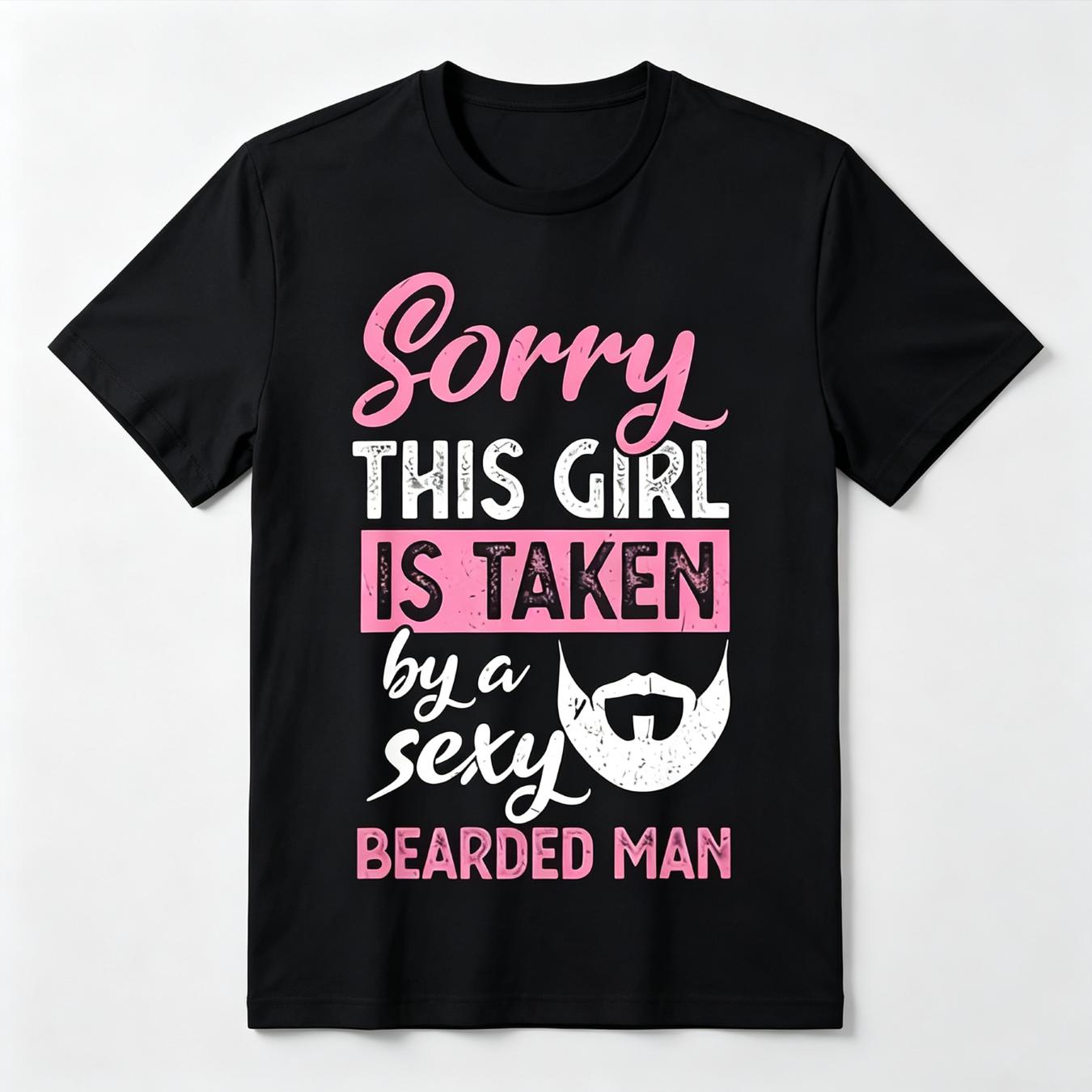 Sorry This Girl Is Taken By A Sexy Bearded Man Funny Couple Graphic Tee for Men Women, Romantic Humor Short Sleeve T-Shirt, Casual Crew Neck Top for Couple Gift