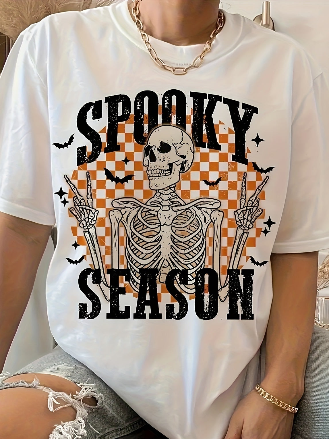 Skull and Letter Printed Casual T-shirt, Round Neck Short Sleeved Top