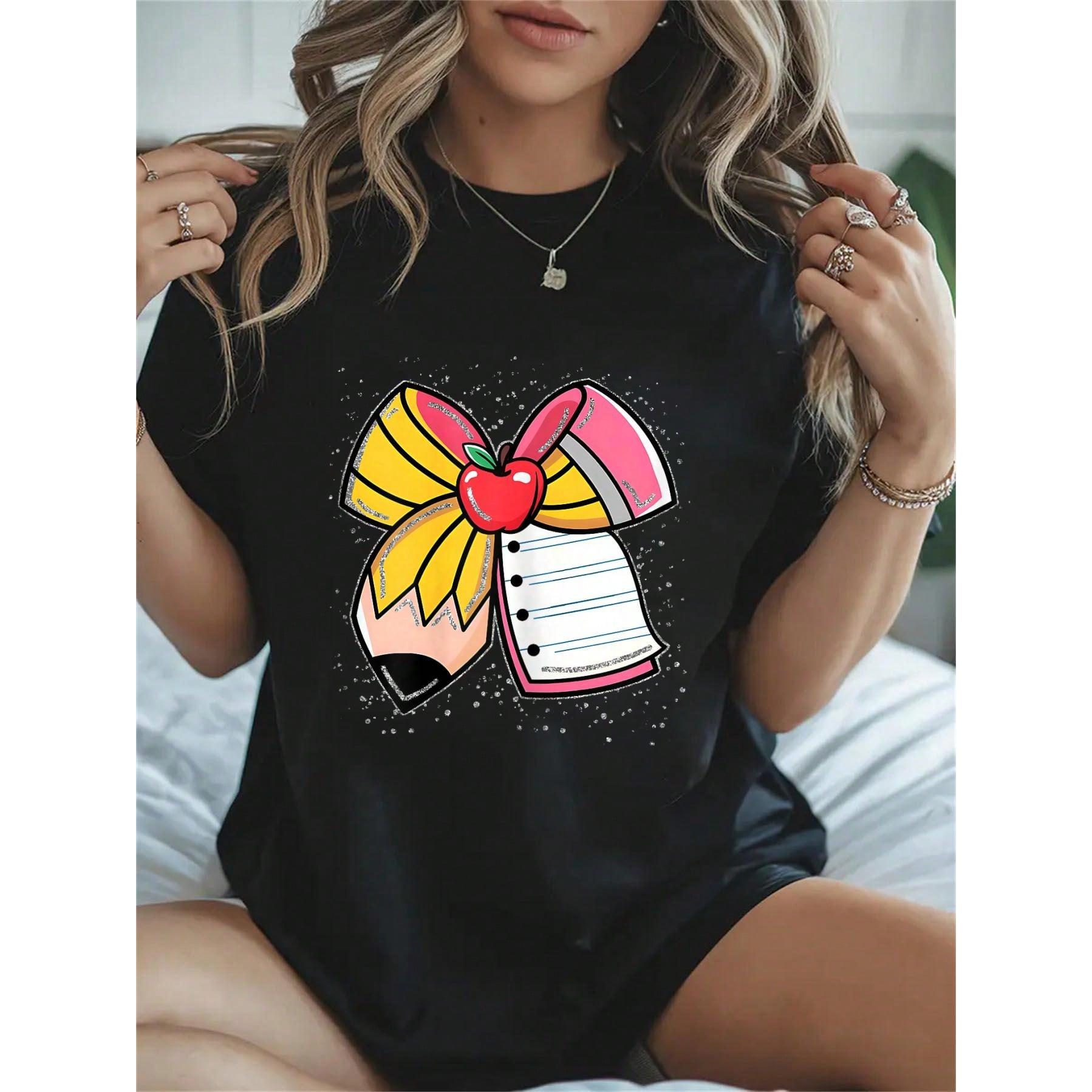 100% Cotton Groovy Teach Coquette Bow Teacher Women Girls Back To School T-Shirt Women's Men's Streetwear Graphic Tee Black Crew Neck Vacation Tops