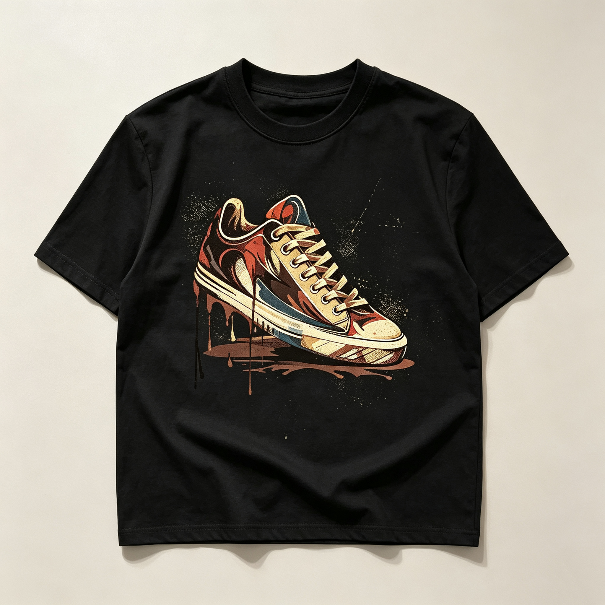 Men's Crew Neck Vintage Graphic T‑Shirt Retro Paint‑Drip Sneaker Art Print, Crew Neck Short Sleeve Tee For Men