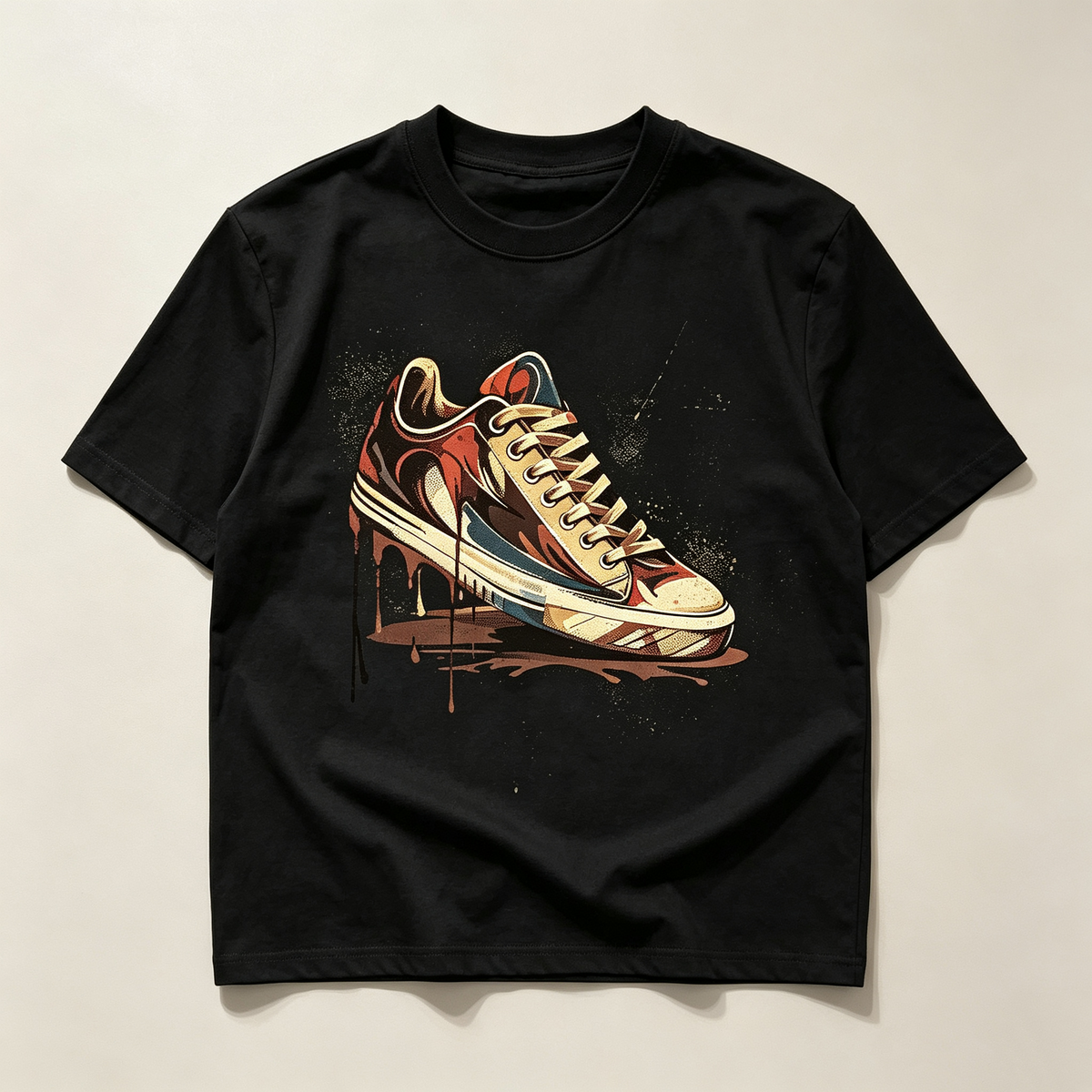 Men's Crew Neck Vintage Graphic T‑Shirt Retro Paint‑Drip Sneaker Art Print, Crew Neck Short Sleeve Tee For Men