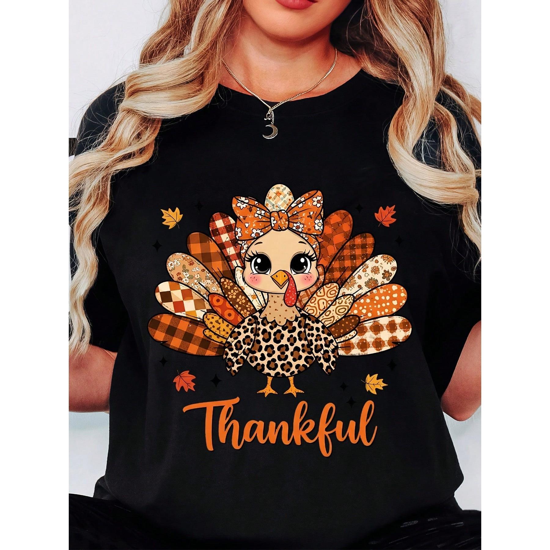 Cute Turkey Print T-Shirt  Thanksgiving Holiday Casual Wear