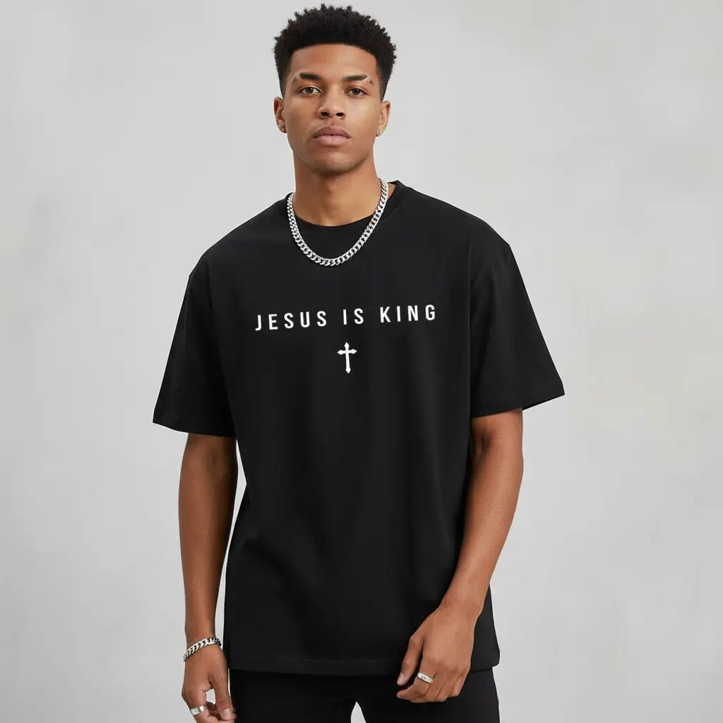 Men's Jesus Is King Cross Graphic T-Shirt Men Shirt Crew Neck Casual Tops