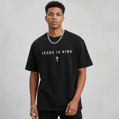 Men's Jesus Is King Cross Graphic T-Shirt Men Shirt Crew Neck Casual Tops