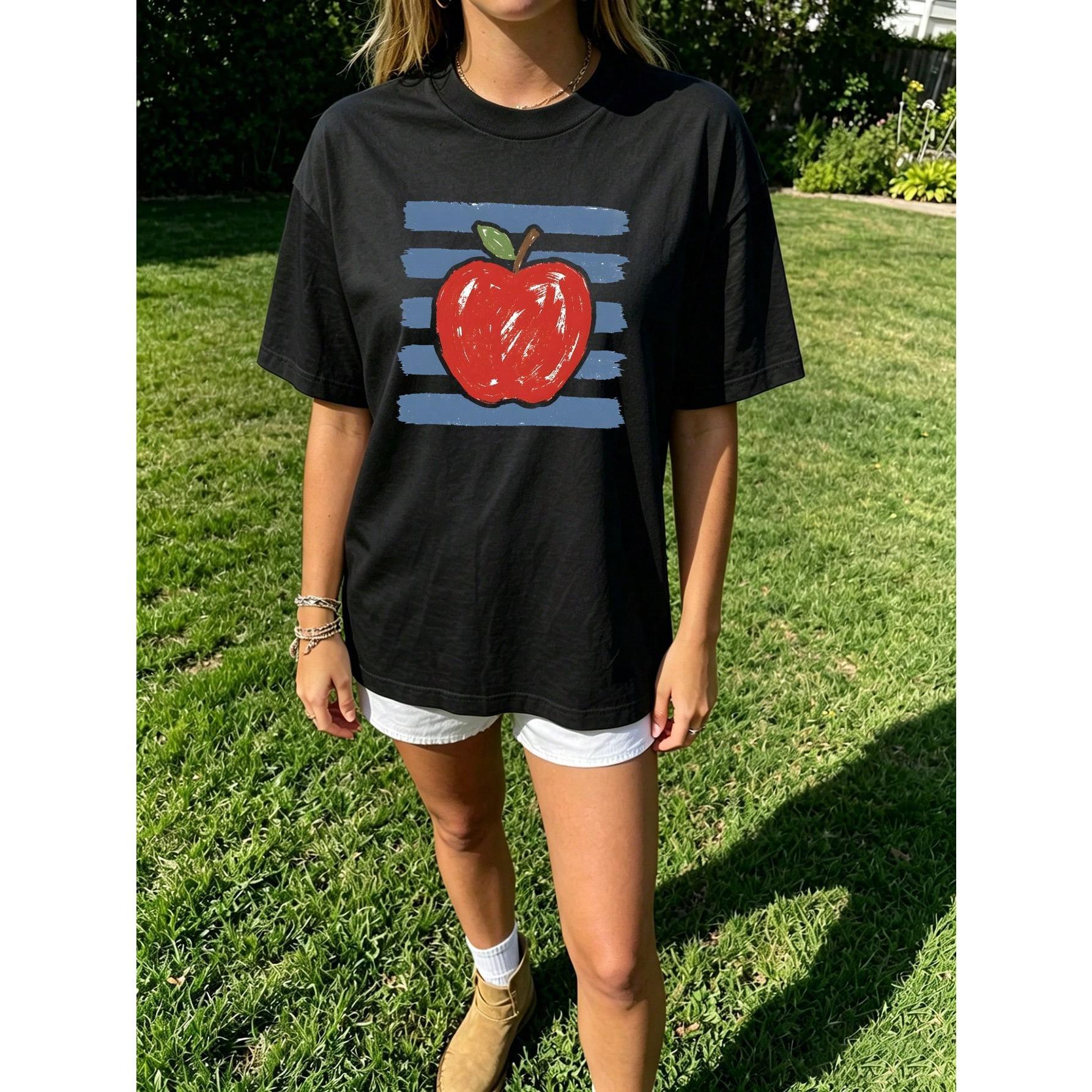 Vintage Sketch Red Apple Stripe Graphic Tee Women Casual
