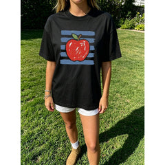 Vintage Sketch Red Apple Stripe Graphic Tee Women Casual
