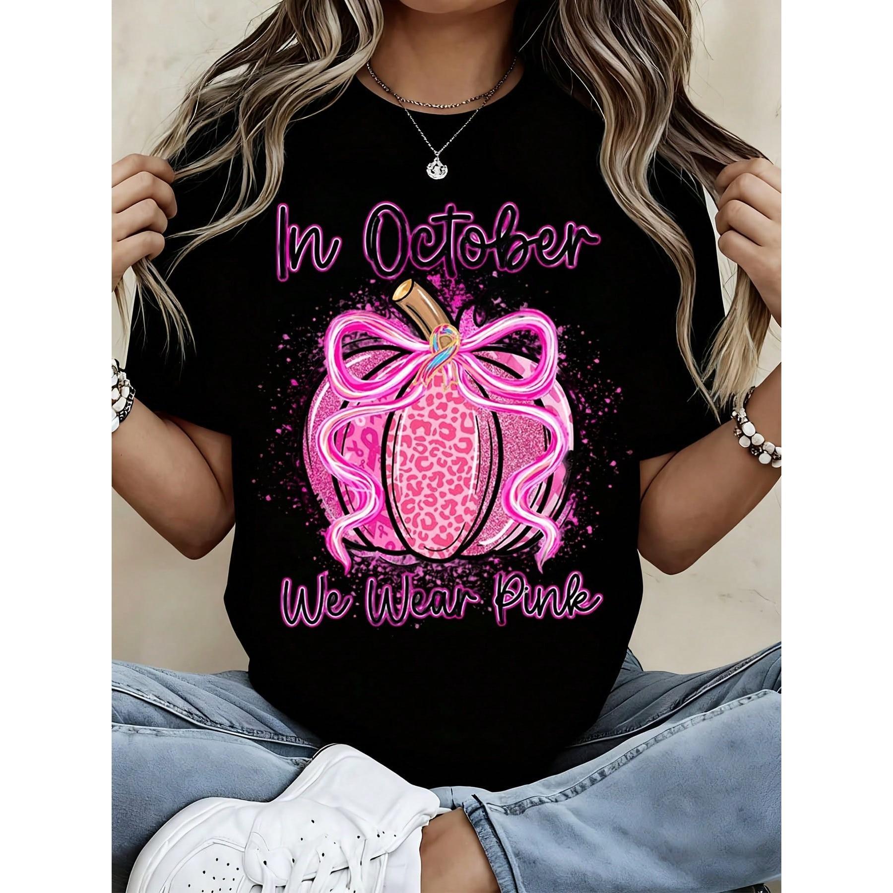Women Breast Cancer Awareness In October We Wear Pink Leopard Pumpkin Graphic Tee Casual Fall Outfit Support Gift
