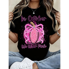 Women Breast Cancer Awareness In October We Wear Pink Leopard Pumpkin Graphic Tee Casual Fall Outfit Support Gift