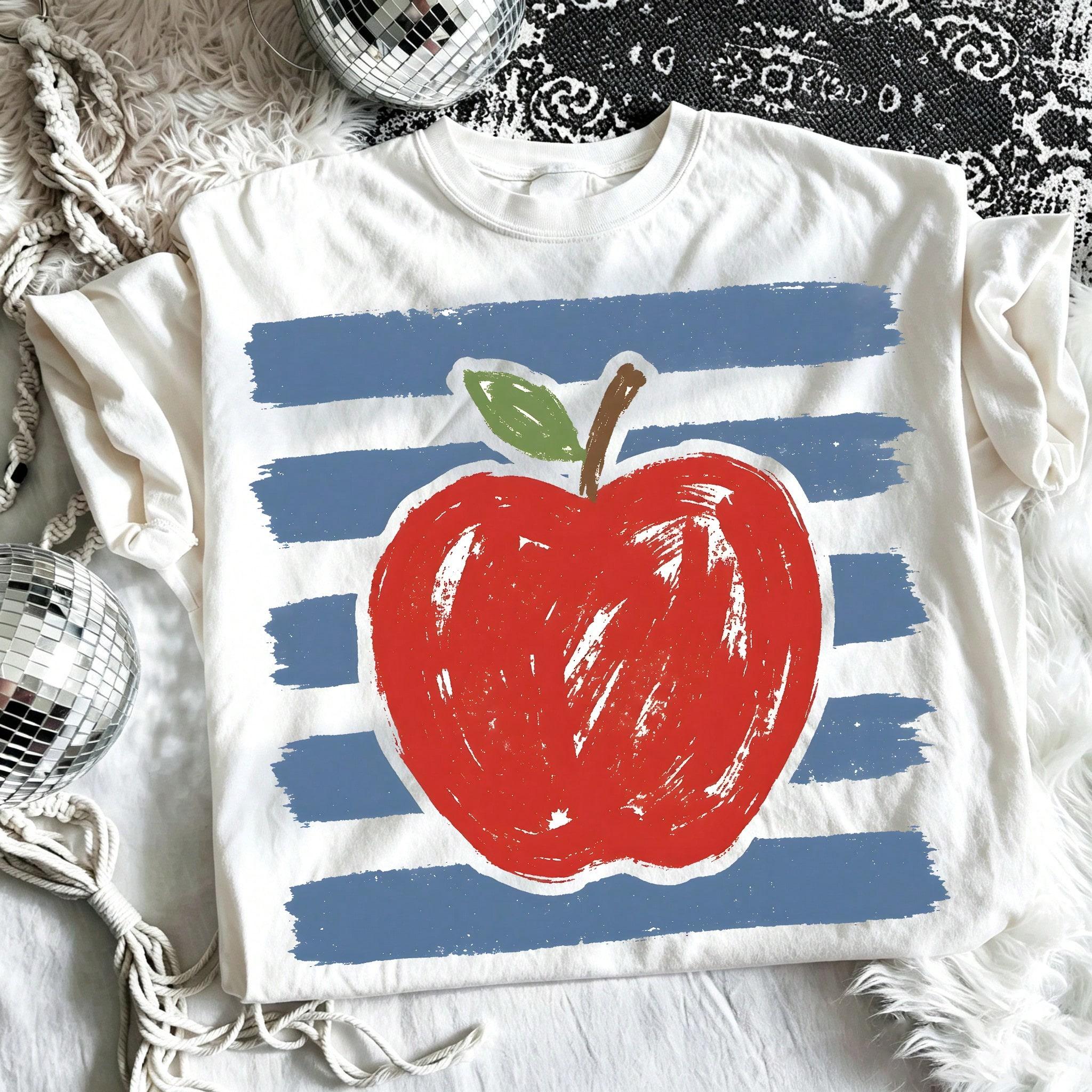 Vintage Sketch Red Apple Stripe Graphic Tee Women Casual