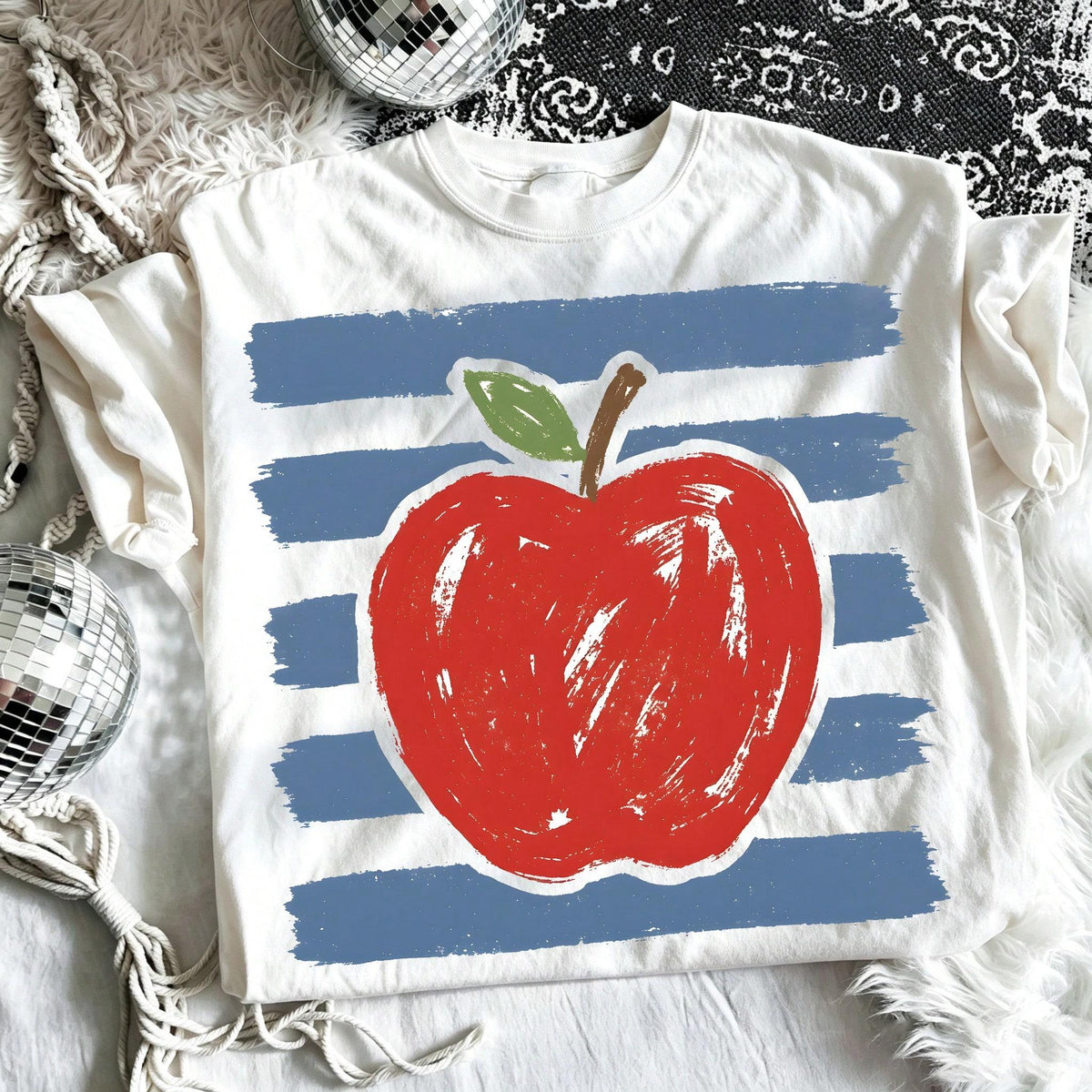 Vintage Sketch Red Apple Stripe Graphic Tee Women Casual