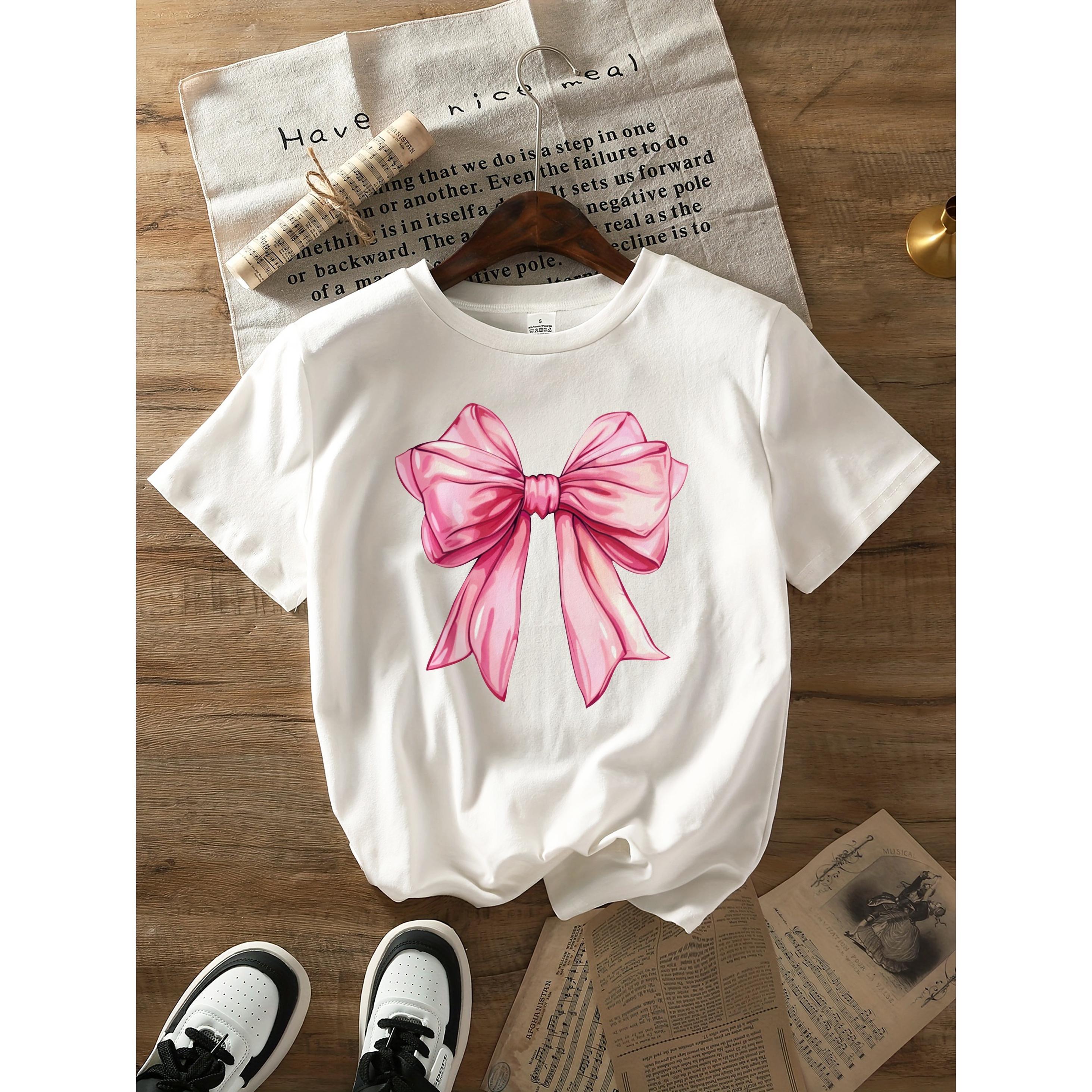 Women's Casual Short Sleeve T-Shirt with Elegant Pink Bow Graphic Print - Breathable Round Neck Top