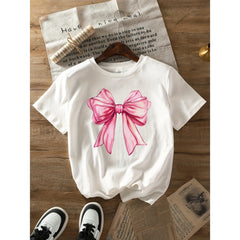 Women's Casual Short Sleeve T-Shirt with Elegant Pink Bow Graphic Print - Breathable Round Neck Top