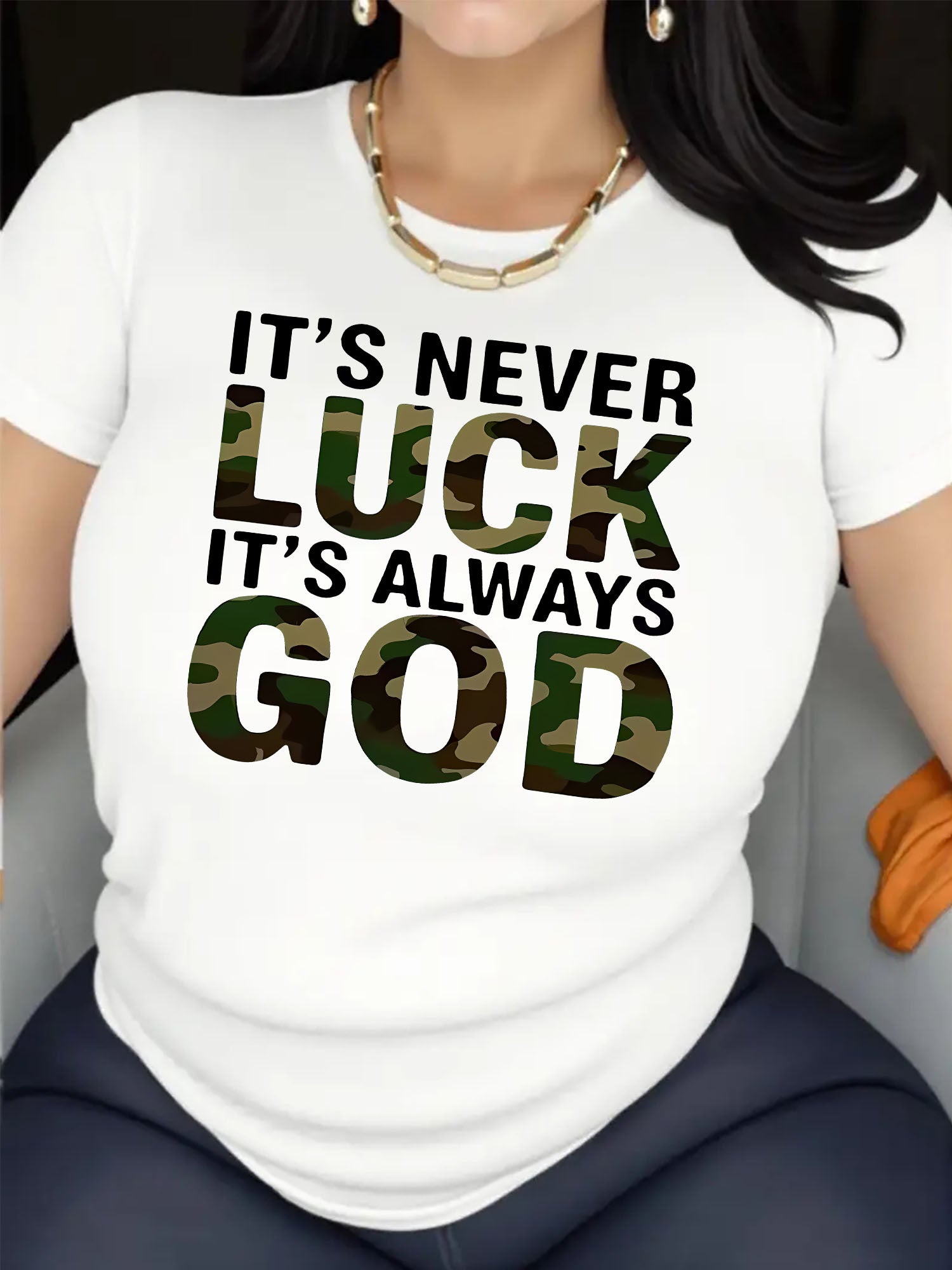 It's Never Luck It's Always God Camouflage Letter Print T-Shirt, Inspirational Religious Casual Crewneck Top For Women Faith Daily Wear