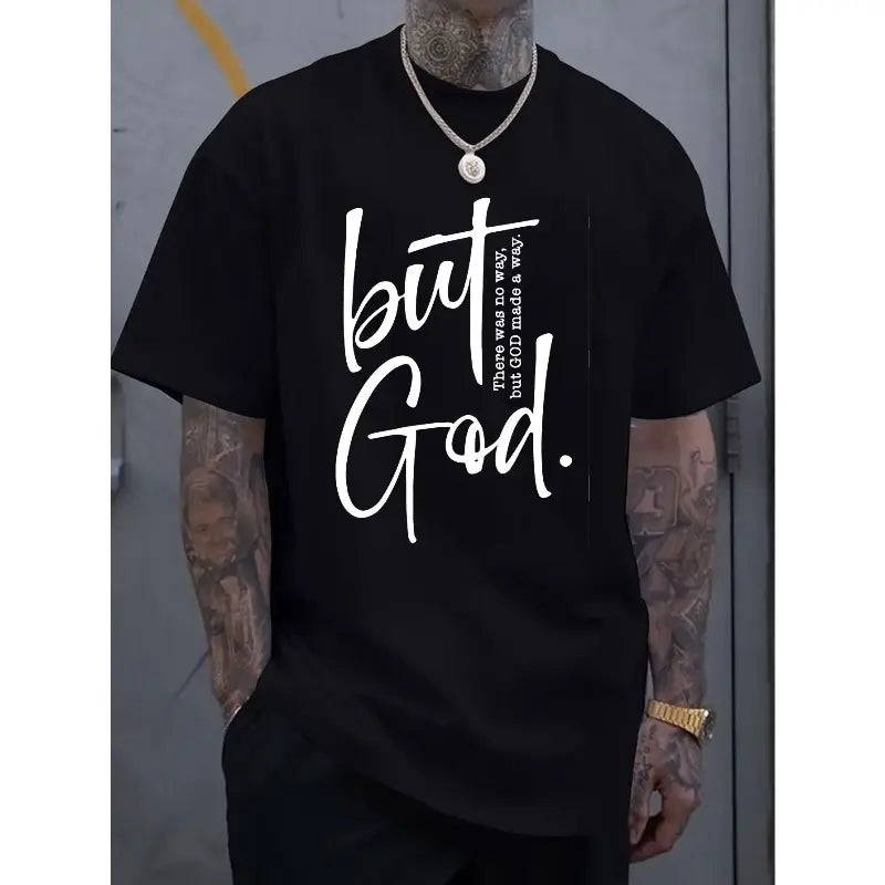Men's Short-Sleeve Crew Neck Graphic T-Shirt, Aesthetic Menswear with "But God" Letter Print, Casual Street Style Sports Top for All-Season Soft Comfort Fit