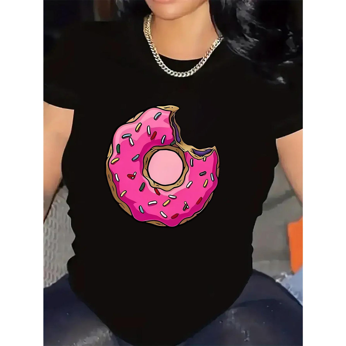 Women's Short-Sleeve Cotton Top - Pink Donut Style, Comfortable Fit for Casual Home & Restaurant Outings, Shortsleeve, Tshirt, Crew Neck, Pure Cotton, T-Shirt