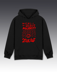DIYANYONE Original “Speak Out” Graphic Cotton Hoodie – Hand Drawn Silent Majority Design, Bold Red Art Print, Streetwear Statement Tee