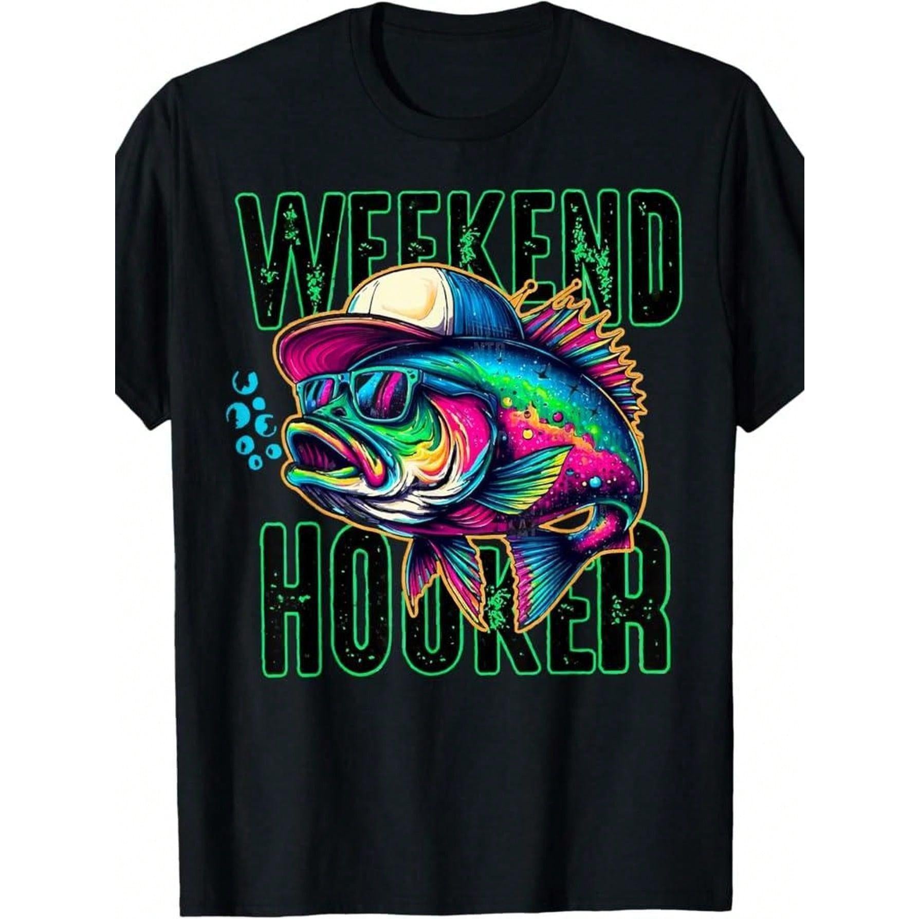 Weekend Fishing Graphic Tee Funny Angler Print Crew Neck Short Sleeve Casual Men's T-Shirt Outdoor Fishing Top