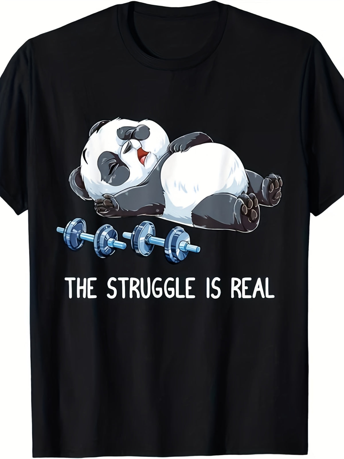 The Struggle Is Real Lazy Panda Weightlifting Graphic Short Sleeve T-Shirt, Unisex Crew Neck Cotton Tee, All Season Funny Fitness Gym Humor Top, Novelty Casual Wear For Workout Enthusiasts