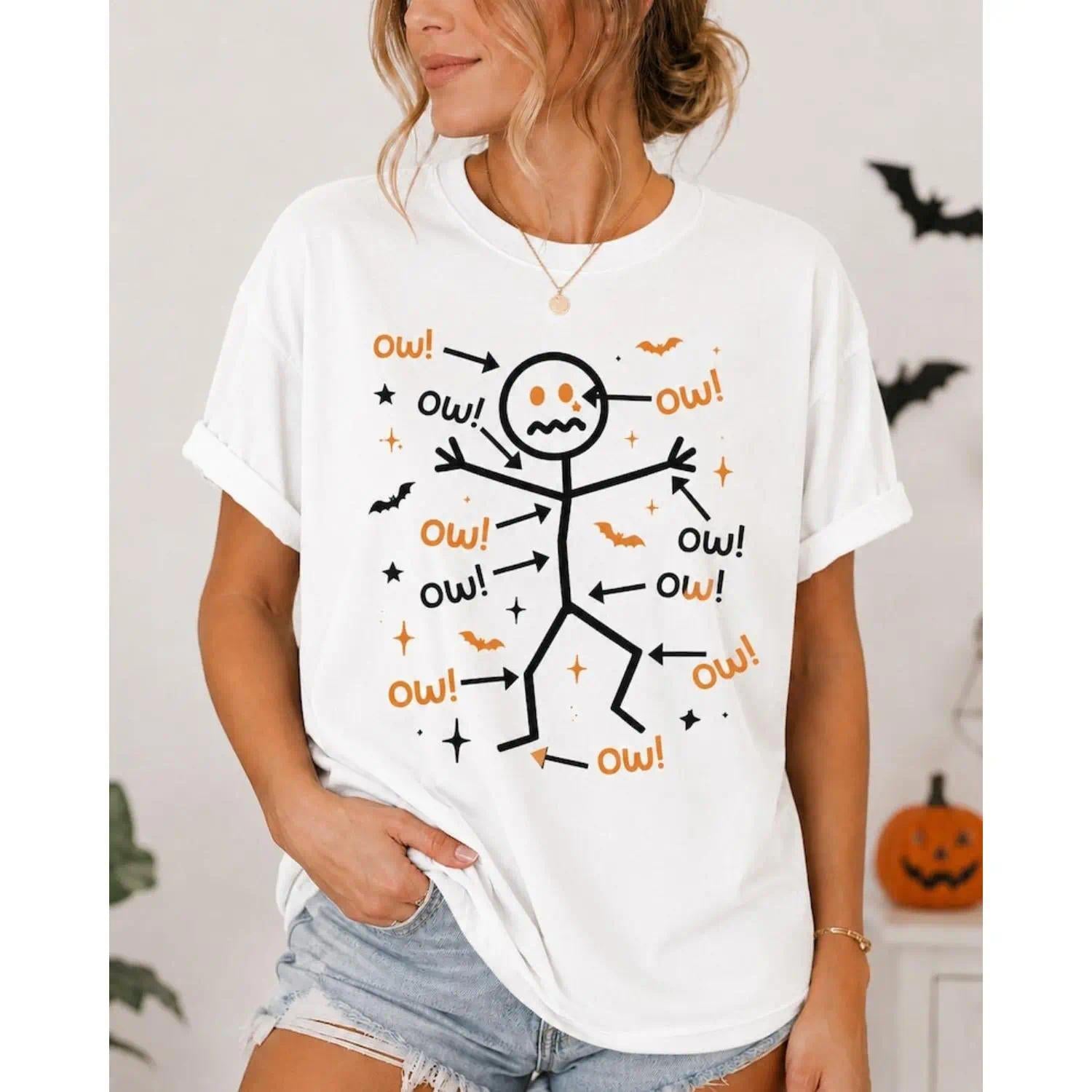 Humorous Halloween Ouch Stick Figure Cotton T-shirt Spooky Skeleton Graphic Tee