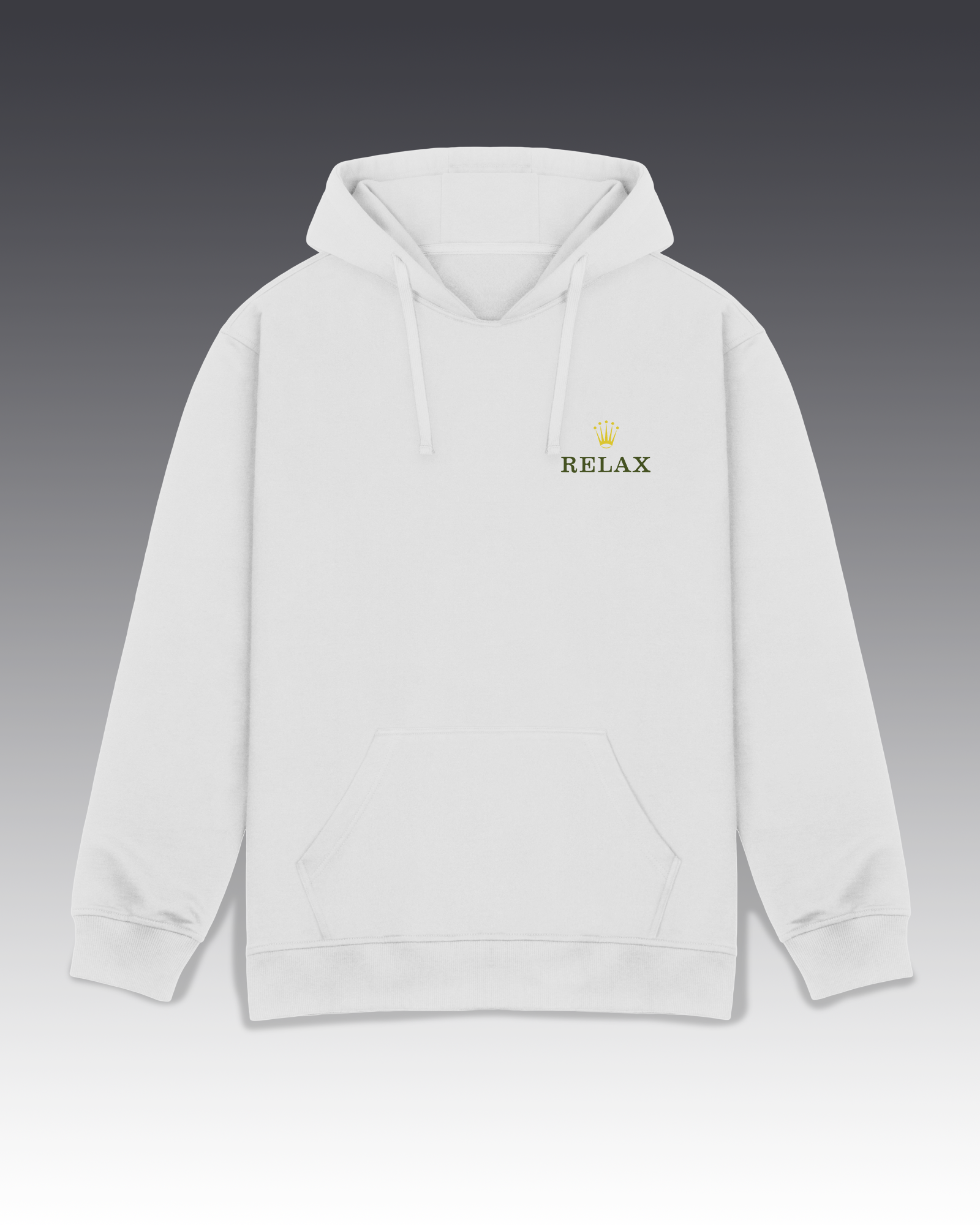 DIYANYONE Original "RELAX" Crown Hoodie - Heavyweight Cotton Blend Pullover, Luxury Parody Wellness Graphic Hoodies