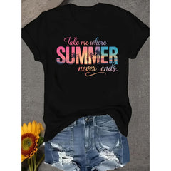 Summer Never Ends Sunset Tee – Palm Tree Beach Graphic Shirt for Women, Soft Cotton Vacation Crewneck