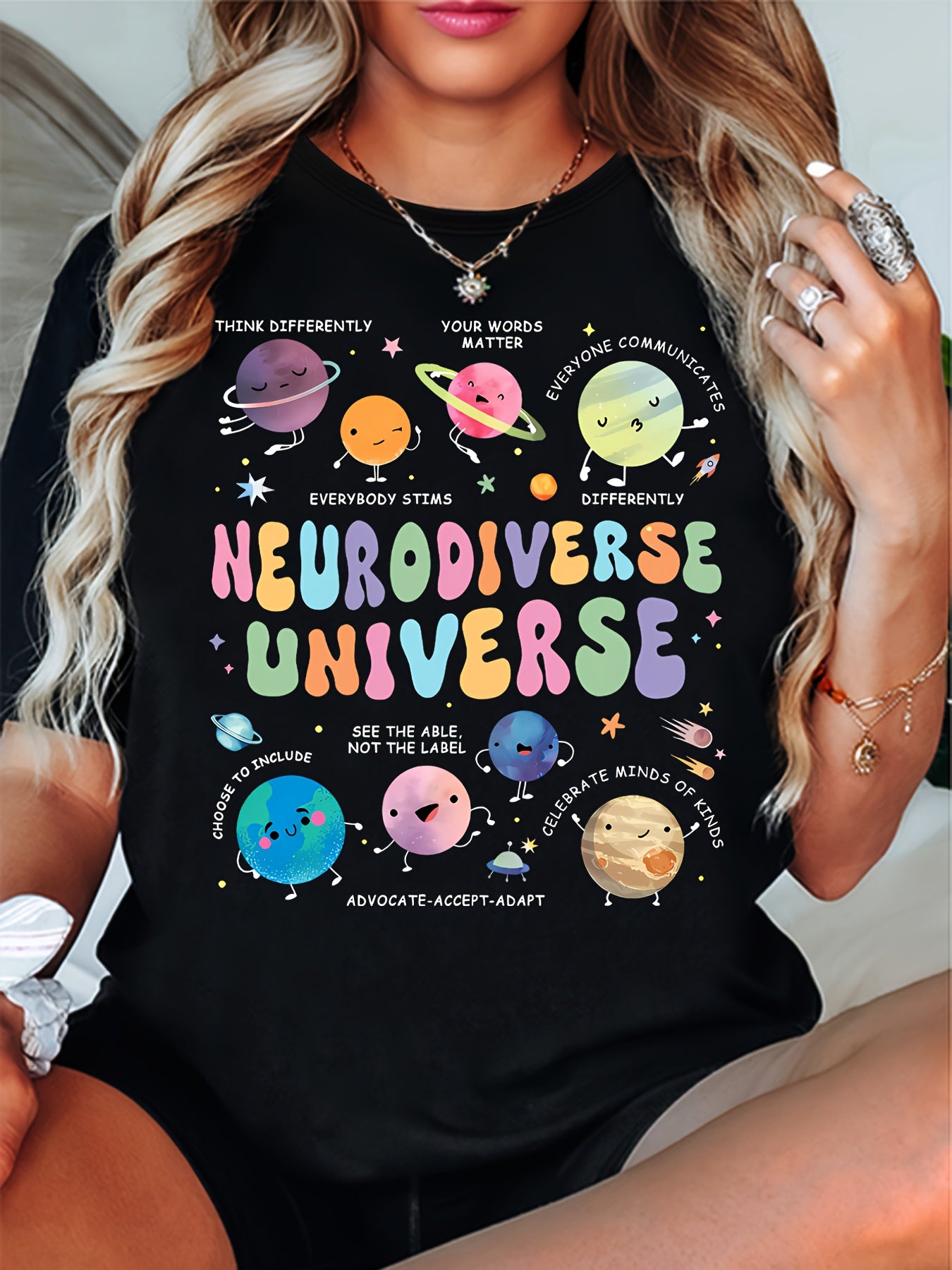 Neurodiverse Universe Printed T-Shirt, Fun Cosmic Planets, Teacher T-Shirt, a Gift for Teachers