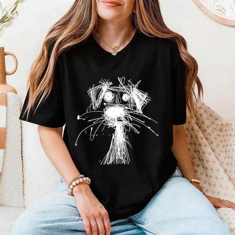 Women's Oversize 100% Cotton Short-Sleeve Round Neck Puppy Doodle Print T-Shirt, Versatile Top