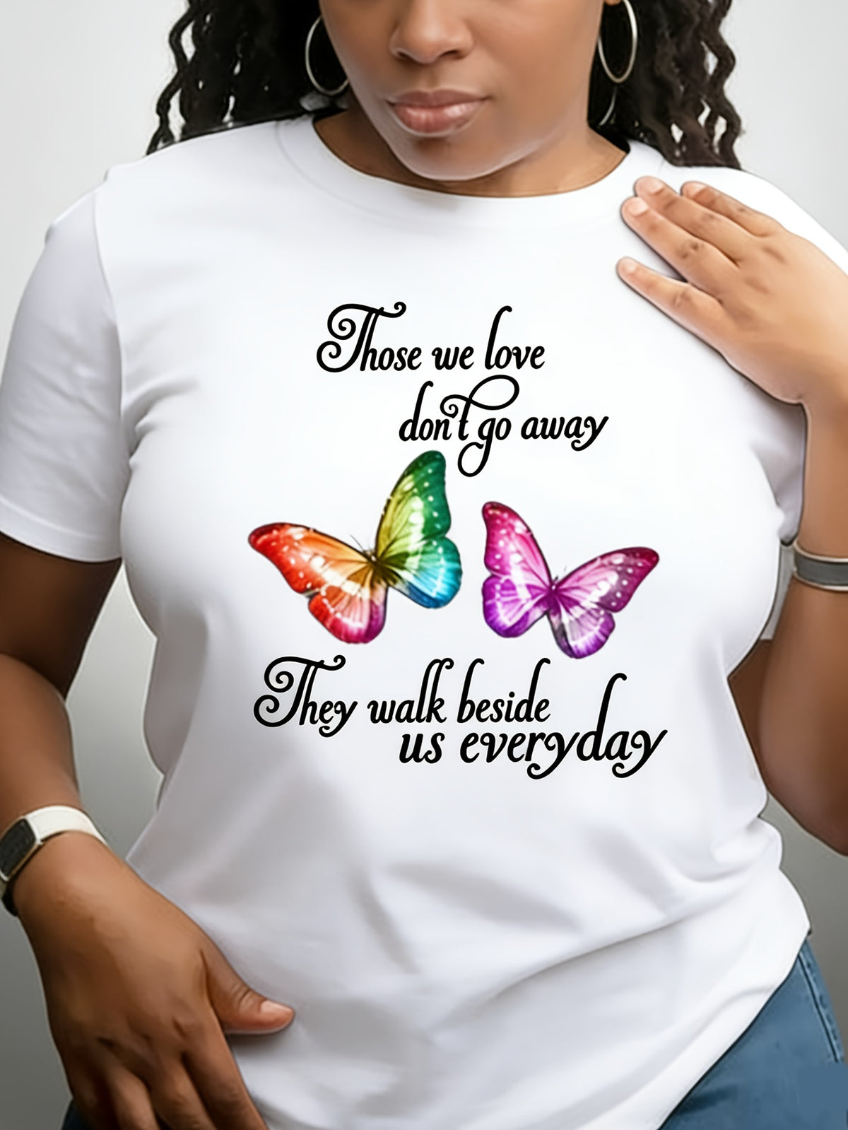 Those We Love Don't Go Away They Walk Beside Us Everyday Memorial Butterfly Graphic Tee for Men Women, Sympathy Grief Short Sleeve T-Shirt, Casual Crew Neck Top for Loss Gift