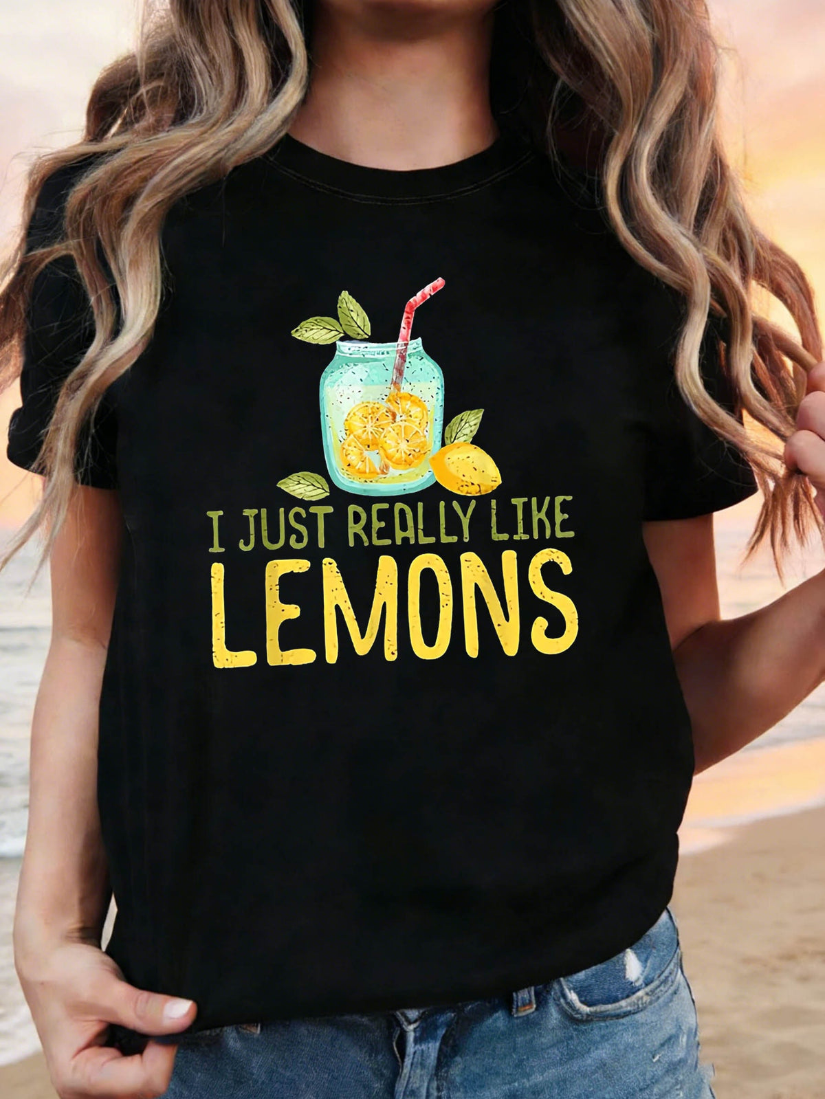 I JUST REALLY LIKE LEMONS Graphic Print Women's T-shirt, Short Sleeve Crew Neck Casual Top, Women's Clothing