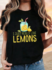 I JUST REALLY LIKE LEMONS Graphic Print Women's T-shirt, Short Sleeve Crew Neck Casual Top, Women's Clothing