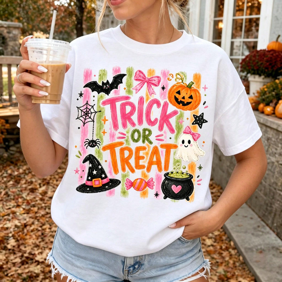 Retro Pink Halloween Trick Or Treat Graphic Tee Coquette Aesthetic Short Sleeve Varsity Style Top For Women