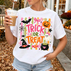 Retro Pink Halloween Trick Or Treat Graphic Tee Coquette Aesthetic Short Sleeve Varsity Style Top For Women